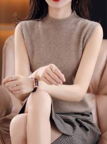 New Women's Knitted Undershirt Female Spring And Summer Slim Ladies Short Solid Color Versatile Half-High Neck Bottoming Sleeveless Tops - Màu Khaki - Xem 4