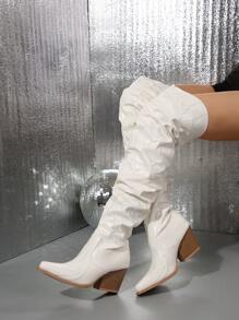 Women's Embroidered Ruched Western Cowgirl Boots With Chunky Heel And V-Cut
