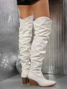 Women's Embroidered Ruched Western Cowgirl Boots With Chunky Heel And V-Cut