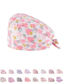 1 pieza Gorro de trabajo con estampado digital floral, animal y de corazón sobre base rosa, apto para médicos, enfermeras, salones de belleza, hospitales veterinarios y trabajadores de limpieza - Antibacteriano, antipolvo