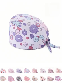 1 pieza Gorro de trabajo con estampado digital floral, animal y de corazón sobre base rosa, apto para médicos, enfermeras, salones de belleza, hospitales veterinarios y trabajadores de limpieza - Antibacteriano, antipolvo