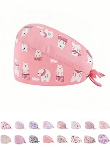 1 pieza Gorro de trabajo con estampado digital floral, animal y de corazón sobre base rosa, apto para médicos, enfermeras, salones de belleza, hospitales veterinarios y trabajadores de limpieza - Antibacteriano, antipolvo