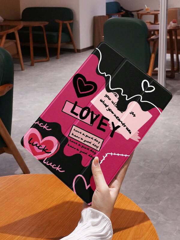 1pc Black & Pink Patchwork Heart Pattern Slim Protective Case, Compatible With IPad 10.2" IPad Pro 11" 2021/2020/10th Gen/Mini4/5/6, Samsung Galaxy Tab A8 10.5" 2022, Matepad 10.4"/Tab, With Pencil Slot, Anti-Drop, Stand Function, Auto Sleep/Wake Support