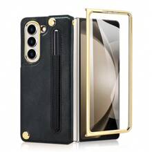 VIETAO Ốp lưng điện thoại bằng da mạ vàng tương thích với Samsung Galaxy Z Fold 7 6 5 4 3 Fold6 có khe cắm thẻ và chân đế - màu đen - Xem 5