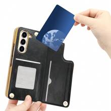 VIETAO Ốp lưng điện thoại bằng da mạ vàng tương thích với Samsung Galaxy Z Fold 7 6 5 4 3 Fold6 có khe cắm thẻ và chân đế - màu đen - Xem 6