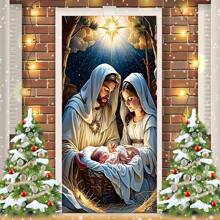 1 pieza, Bandera de puerta con escena del nacimiento de Jesús en la noche estrellada, diseño de Jesús en el establo, opción perfecta para la decoración del porche navideño y el ambiente de granja de invierno - Multicolor - Ver 4