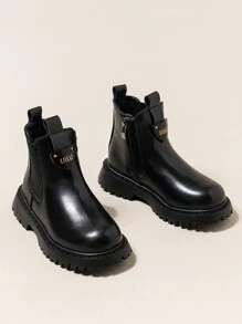 女童黑色 PU 皮革拉链平底靴，带毛皮衬里，儿童简约休闲踝靴，适合冬季