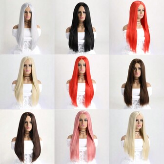 Peluca sintética de fibra recta de 26 pulgadas de largo y con raya central, adecuada para uso diario, disfraz de Halloween, fiestas festivas y clubes