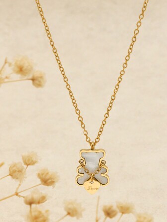 1 Piece Hot Selling Cute And Fashionable Stainless Steel Couple Necklace Korean Version Love Peach Shell Teddy Bear Women's Necklace