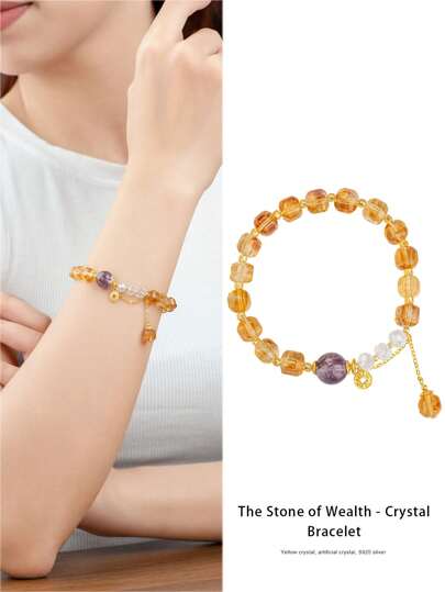  1pc Sterling Silver Natural Yellow Citrine Bracelet, Brilliant And Sparkling, Symbolizing Wealth And Happiness. Enhances Personal Charisma, Attracts Good Fortune, And Boosts Confidence And Discernment. Unique Design Showcases Exquisite Taste, An Indispensable Fashionable Accessory. Jewelry Color Is Random.