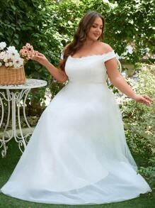 大码露肩婚纱 A 字拖地长款正式新娘活动单身派对新娘送礼会早午餐订婚招待会彩排派对礼服 - 白色 - 查看 7