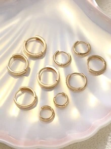 17KM 10pcs Zirconia Geometric Metal Hoop Earrings Set For Women, Suits For Vacation, Date, Daily, Wedding, Birthday, Christmas Gift - Yellow Gold - View 3