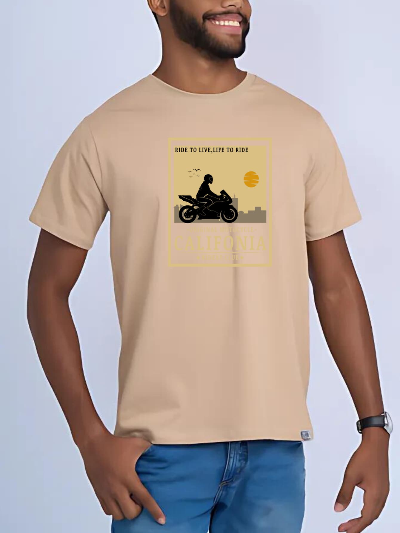Men's T-Shirt Original Print Motocycle California Basic Knit 100% Cotton Short Sleeve Casual - 米色 - 查看 1