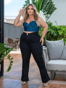 Women's Plus Size Flare Jeans In Black Premium Elastane High Waist - màu đen - Xem 5