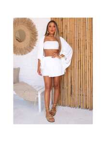 Kimono With Elastic And Shorts Blogger Skirt Women's Duna Lisa Spring Fabric - 白色 - 查看 2