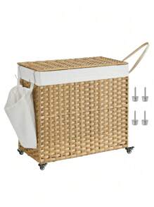SONGMICS 带盖洗衣篮，160 升，带轮滚动洗衣篮，3 格合成藤条洗衣桶，可拆卸内衬，适用于洗衣房、卧室，70 X 36 X 66 厘米，天然洗衣篮，开学季适用
