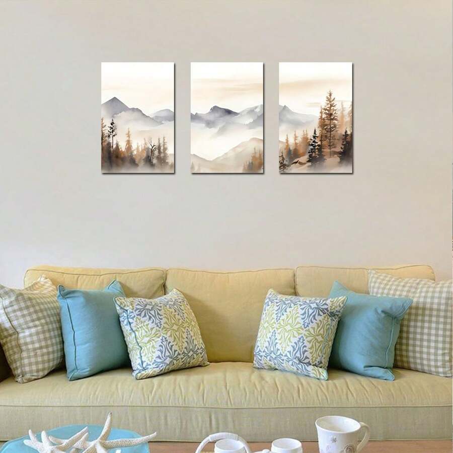 Bộ 3 Tranh Canvas Treo Tường Phong Cảnh Rừng Trung Tính Núi Triptych Poster Trừu Tượng Treo Tường Hiện Đại Trang Trí Nhà Khung - Nhiều màu - Xem 1