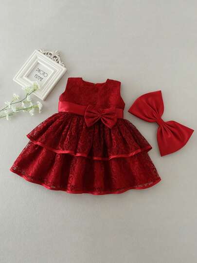 Baby Girl Christmas Wine Red Dress With Bow And Lace, 1st Birthday Party