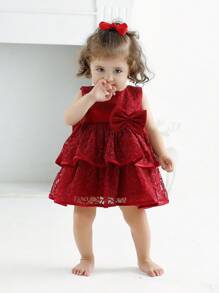Baby Girl Christmas Wine Red Dress With Bow And Lace, 1st Birthday Party - Burgundy - View 4