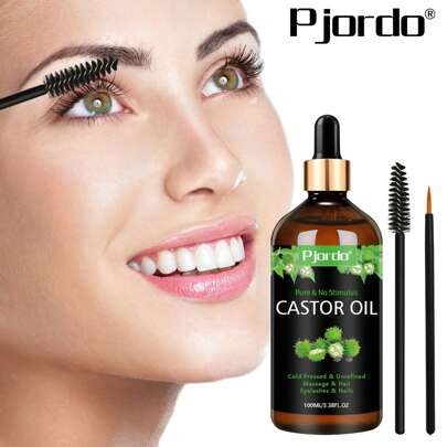 Pjordo 3.38 液盎司蓖麻油，适用于头发、睫毛和眉毛，冷榨未精制蓖麻油，用于干性头发、皮肤和指甲护理的精油，睫毛刷和眉笔