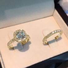 2 chiếc nhẫn xếp chồng thanh lịch Thiết kế hào quang sang trọng Đá Zirconia mạ bạc sáng bóng Màu bạc/vàng/hồng Hãy gọi cho bạn Nhẫn đính hôn/đám cưới - Hoa hồng vàng - Xem 3