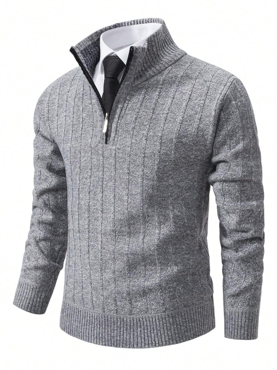 Men's Winter Clothing With Fleece Sweater Pullover, Half Cardigan, Solid Color Stand Up Collar Knitted Sweater - 淺灰色 - 查看 1