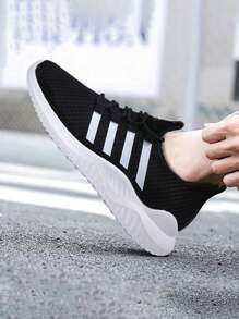 Men's Mesh Breathable Stripe Lightweight Casual Sneakers, Round Toe Lace Up Non-Slip Tennis Shoes For Couples, Suitable For Daily Commuting, Traveling, Sports - 黑色 - 查看 5