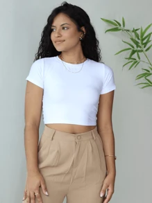 Kit 3 Cropped Women's Blouse Short Sleeve BabyLook Suplex Basic Casual - trắng - Xem 4