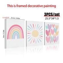 3pcs Pink Framed Canvas Wall Art For Room, Rainbow Wrapped Canvas, Girls Bedroom, Nursery Decor, Boho Pink Sunshine Painting, Suitable For Classroom, School, Kindergarten Decoration, Poster Gift, Birthday Graduation - Multicolor - View 3