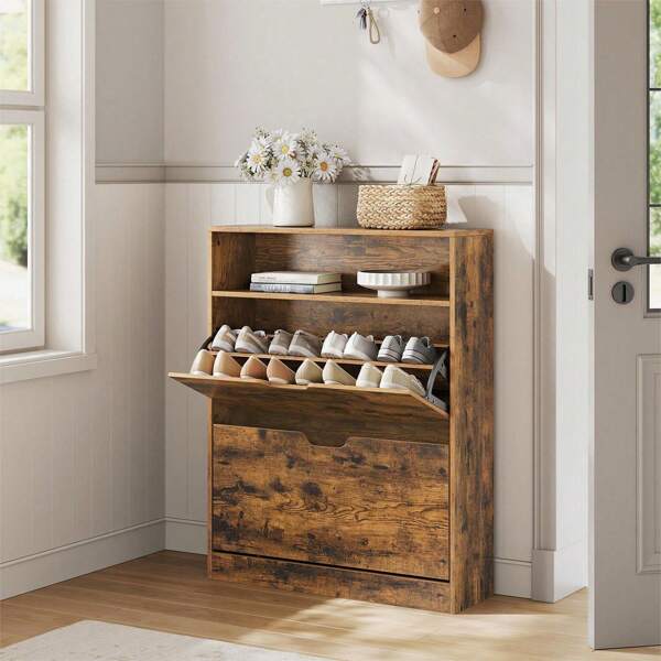 VASAGLE Shoe Cabinet 2 Flip Doors, 3 Tier Shoe Rack, With 1 Open Compartment, Adjustable And Removable Divider, For 11-16 Pairs Shoes, For Narrow Entrance, 24 X 80 X 102 Cm, Rustic Brown