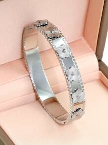 1pc Fashion 18K Gold Plated Stainless Steel Flower Bangle Bracelet For Women, European And American Style Party & Wedding Jewelry Gift Valentines,Mom,Mother,Mother's Day,Gift