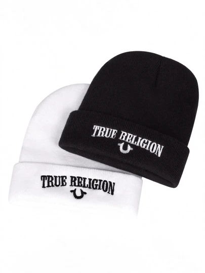 1 件 TRUE RELIGION 刺绣针织帽，街头时尚户外保暖冬帽，休闲百搭保暖滑雪帽，适合日常通勤冬帽