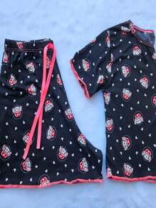 Pijama Feminino Adulto Ondinha Cropped Baby Doll Short Estampado Suede Roupa de Dormir