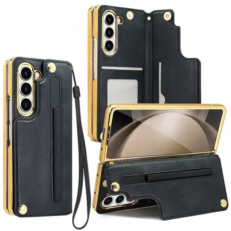 VIETAO Ốp lưng điện thoại bằng da mạ vàng tương thích với Samsung Galaxy Z Fold 7 6 5 4 3 Fold6 có khe cắm thẻ và chân đế - màu đen - Xem 1