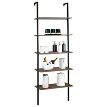 Industrial Wall Mounted Bookcase 5-Tier Open Ladder Shelf Bookshelf With Metal Frame, 23.6" L X 11.8" W X 70.9" H