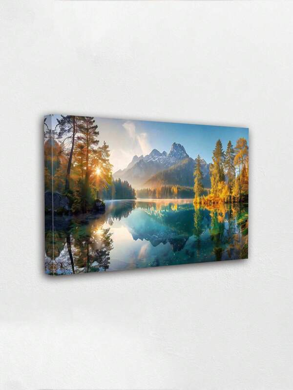 لوحة فنية مذهلة مؤطرة على قماش - مشهد جبال وبحيرة كبيرة مع قمم مغطاة بالثلوج، خضرة الغابات، سماء زرقاء وانعكاس السحب البيضاء - مثالية لديكور غرفة النوم أو غرفة المعيشة أو الحمام