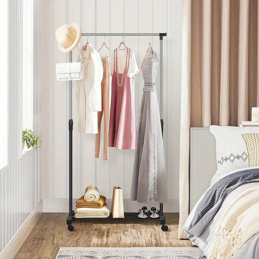 Small Clothes Rail Adjustable Hanging Rail On Wheels Extendable Hanging Rail Clothes Rack Portable Clothing Rail For Bedroom - Variant1 - View 1