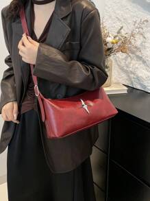Neue Retro Umhängetasche, Lässig Shopper, öl-wachsleder mondförmige Umhängetasche für Frauen mit Metall Stern Deko, Chic Pendler Tasche, Herbst/Winter - Bordeaux - Übersicht 5