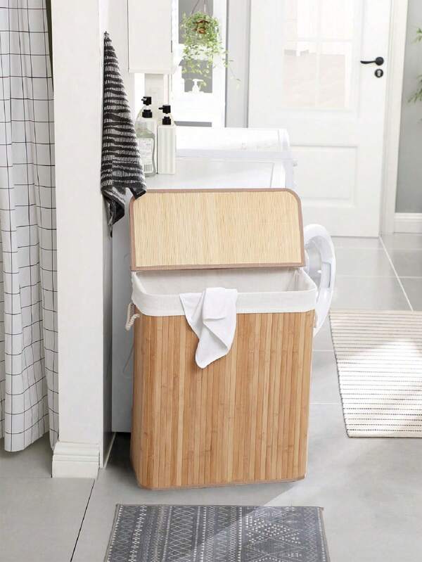 SONGMICS Laundry Basket, 100 L Laundry Basket, Dirty Sorting Compartment, Bamboo Lid, Handles, Foldable, Removable Machine Washable Bag, For Laundry Room, Bedroom, Wood Colour
