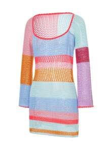 Women Crochet Knit Mini Dress Bikini Cover Up Colorful Striped Long Sleeve See Through Mesh Cover Ups Summer Coverups Beach Wear - màu sắc - Xem 4