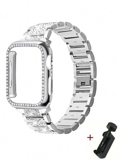 2pcs Set: Women's Bling Crystal Protective Case + Bling Crystal Watch Band Compatible With Screen Protector Compatible With Apple Watch Series Ultra/9/8/7/6/5/4/3/SE 49mm 45mm 44mm 42mm 41mm 40mm 38mm Double Line Glittering Protection Cover And Fashionable Strap