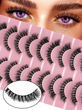 十对交叉式假睫毛，柔软自然的蓬松猫眼睫毛，浓密卷翘，适合新手和初学者，可重复使用。