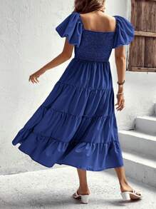 Women's Casual Summer Midi Dress Puffy Short Sleeve Square Neck Smocked Tiered Ruffle Dresses - Màu xanh lam - Xem 6
