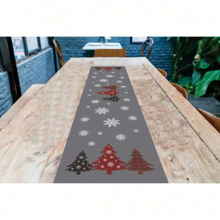 Exclusive Printed Table Runner Fabric Table Setting 1.35m X 0.35m - Christmas Tree - Gray - View 1
