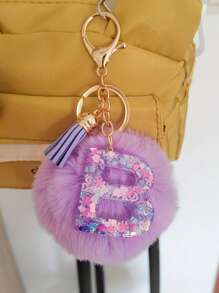 Initial Letter Keychain Pendant Resin Letter Keychain Wallet Backpack Accessory, Purple Fur Ball And Letters, Is The Best Gift For Family And Loved Ones, Letters A-Z Are Available For Selection, Fashionable Items, Alphabet Pendant For Bags - Purple - View 19