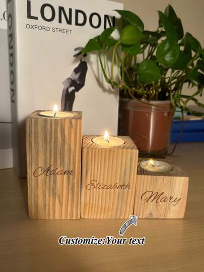 Porta-velas retangular de madeira com 3 nomes gravados personalizados, presente de Ação de Graças/Natal, decoração aconchegante para casa, decoração de atmosfera de festival, decoração de festa, decoração de mesa, decoração de sala de estudo