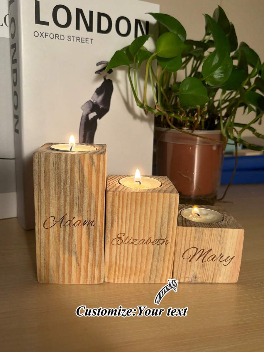Customized 3-Name Engraved Rectangular Stepped Wooden Candle Holder, Thanksgiving/Christmas Gift, Warm Home Decor, Festival Atmosphere Decor, Party Decor, Desktop Decor, Study Room Decor
