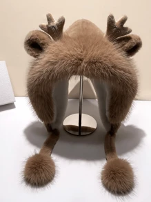 1pc Women Christmas Knitted Antler Hat Cute Reindeer Knitted Winter Hats Earflap Cap Beanie For Adults - Multicolor - View 3