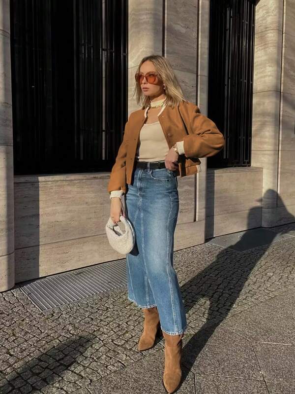 conciso Women's Solid Color Button Drop Shoulder Long Sleeve Casual With Pockets Bomber Jacket