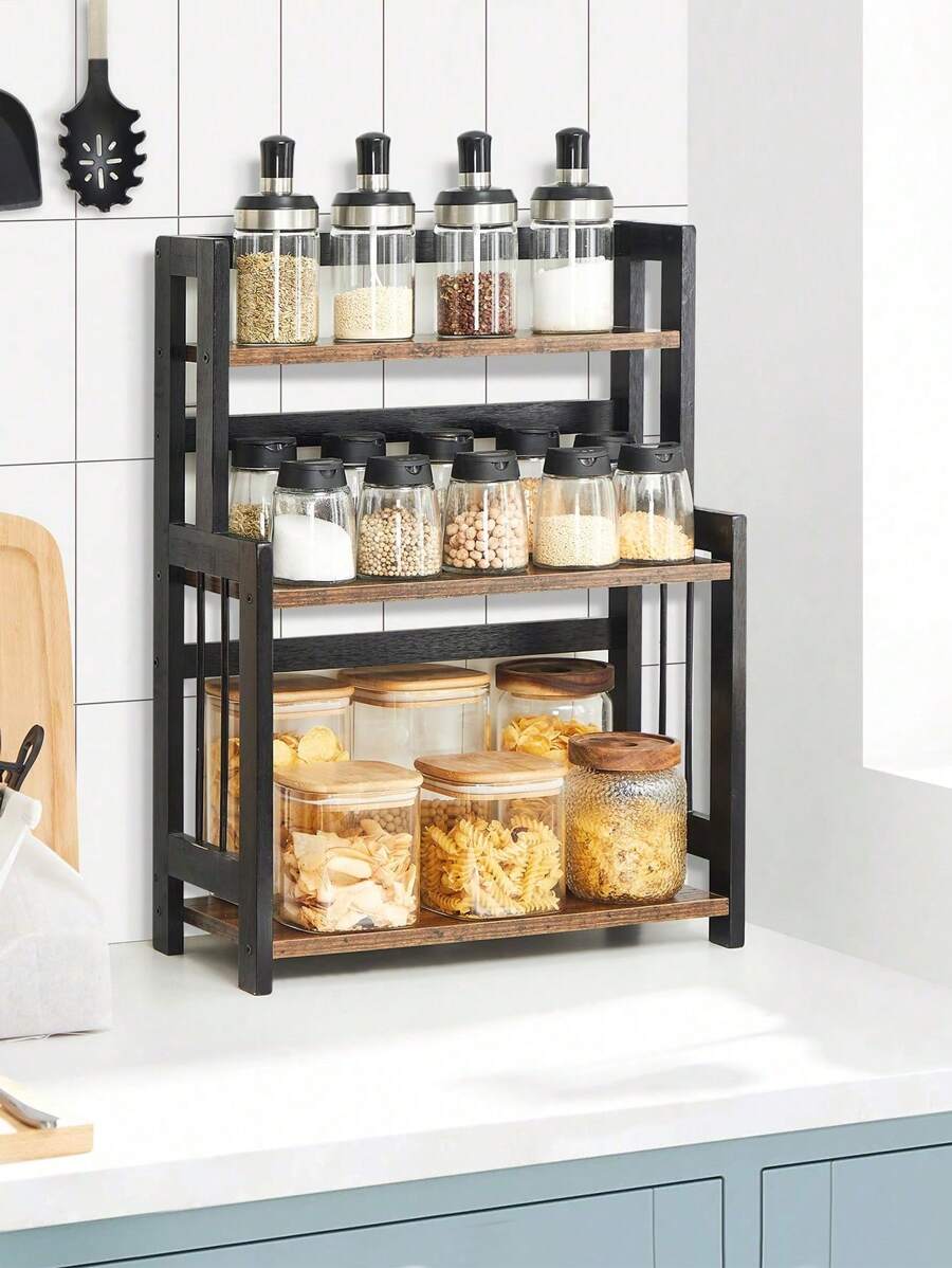SONGMICS Spice Rack, 3 Tier Storage Rack, Desk Organiser, Bamboo Frame For Kitchen, Dining Room, Office, Rustic Brown And Black